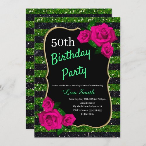 Birthday Green Black Stripes Glitter Pink Roses Invitation