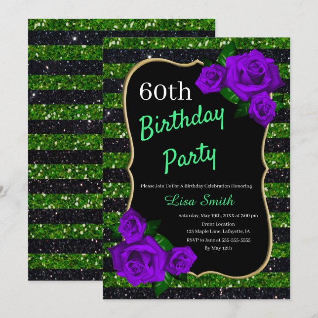 Birthday Green Black Stripes Glitter Purple Roses Invitation (Front/Back)