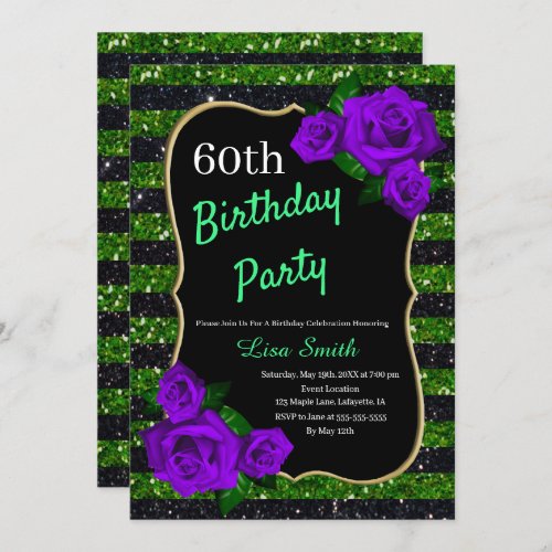 Birthday Green Black Stripes Glitter Purple Roses Invitation