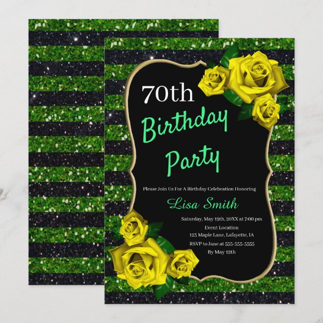 Birthday Green Black Stripes Glitter Yellow Roses Invitation (Front/Back)