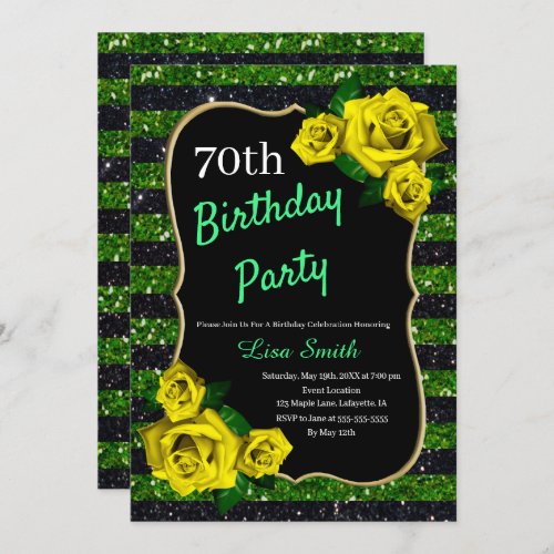 Birthday Green Black Stripes Glitter Yellow Roses Invitation