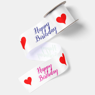 Birthday Green Blue Pink Red Hearts 3" Satin Ribbon