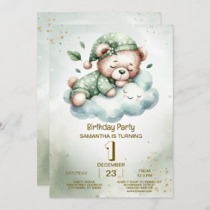 Birthday Green Boho Sleeping Teddy Bear Cute Party Invitation