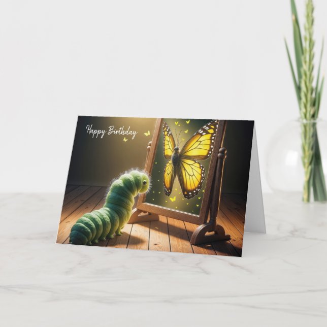 Birthday Green Caterpillar Staring at a Butterfly Card (Front)