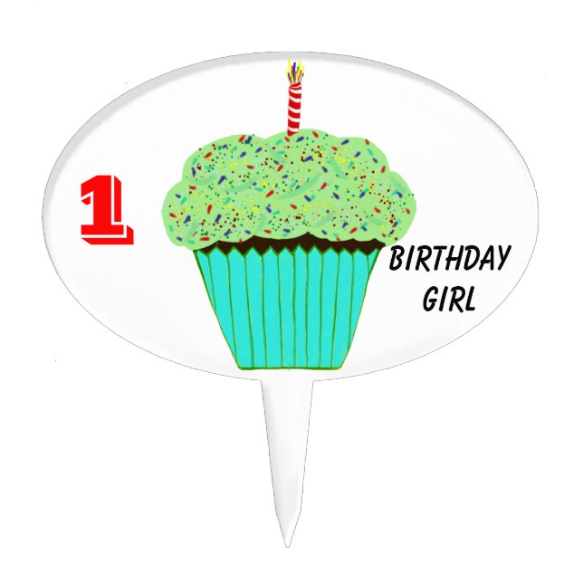Birthday Green Cupcake with Candle  Cake Topper (Front)