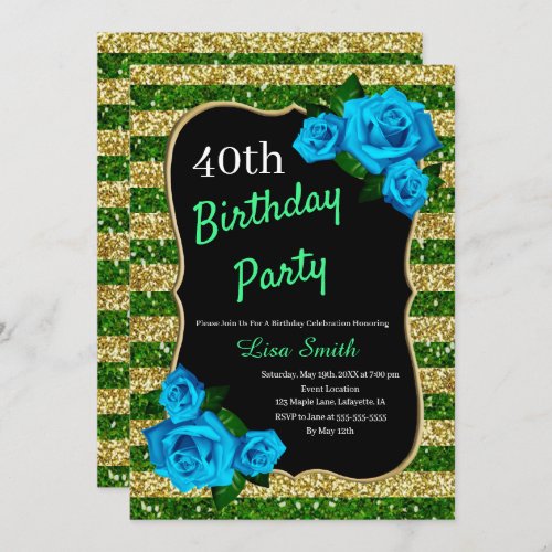 Birthday Green Gold Stripes Glitter Blue Roses Invitation