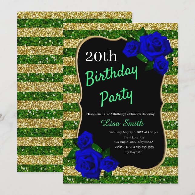 Birthday Green Gold Stripes Glitter Deep Blue Rose Invitation (Front/Back)