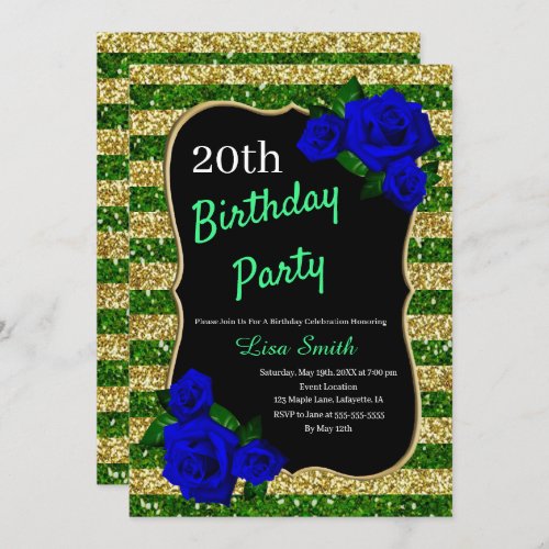 Birthday Green Gold Stripes Glitter Deep Blue Rose Invitation