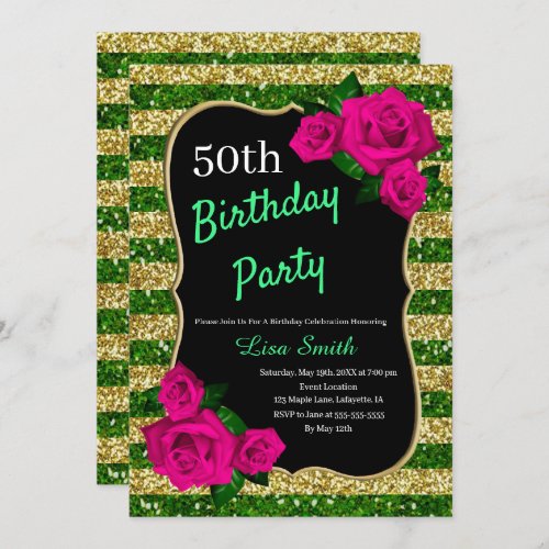 Birthday Green Gold Stripes Glitter Pink Roses Invitation