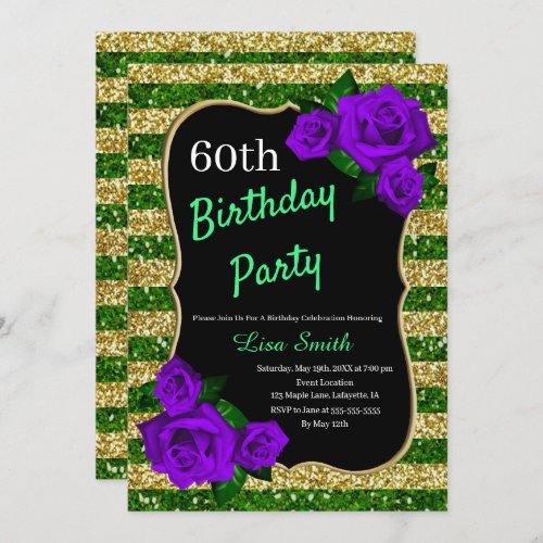 Birthday Green Gold Stripes Glitter Purple Roses Invitation