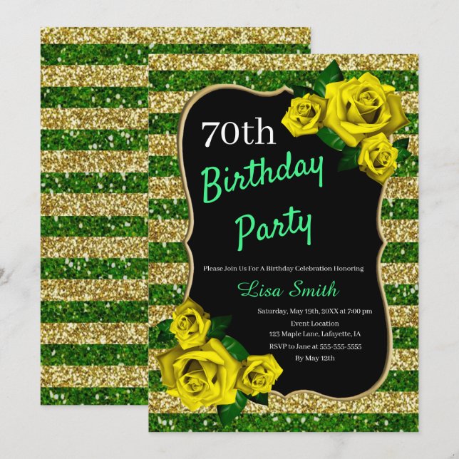 Birthday Green Gold Stripes Glitter Yellow Roses Invitation (Front/Back)