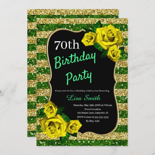 Birthday Green Gold Stripes Glitter Yellow Roses Invitation