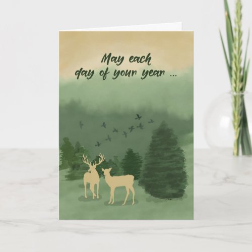 Birthday Green Landscape Deer with Evergreen Trees Card