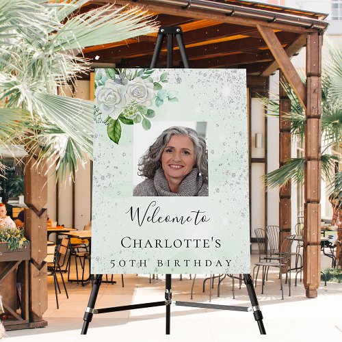 Birthday green silver floral photo welcome  foam board