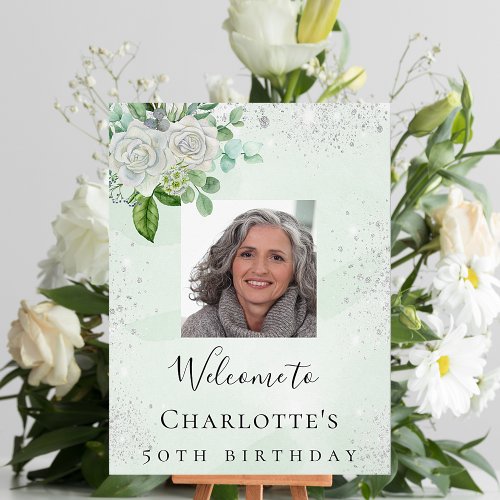 Birthday green silver floral photo welcome poster