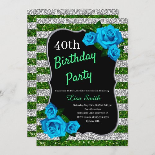 Birthday Green Silver Stripes Glitter Blue Roses Invitation