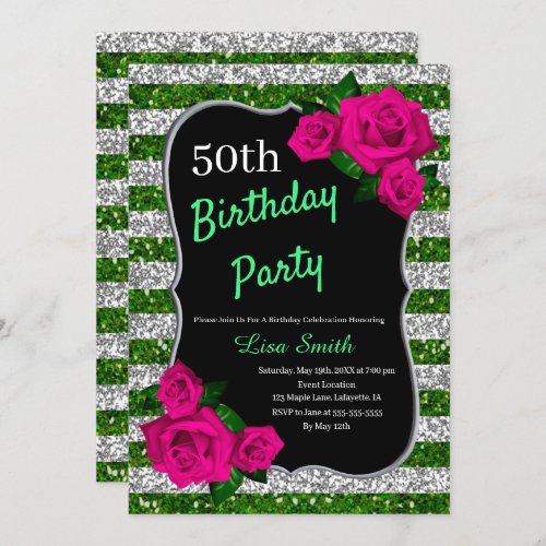Birthday Green Silver Stripes Glitter Pink Roses Invitation