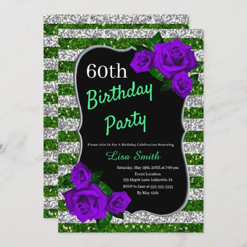 Birthday Green Silver Stripes Glitter Purple Roses Invitation