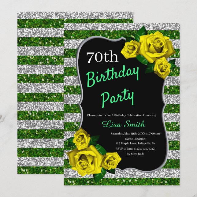 Birthday Green Silver Stripes Glitter Yellow Roses Invitation (Front/Back)