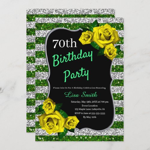 Birthday Green Silver Stripes Glitter Yellow Roses Invitation