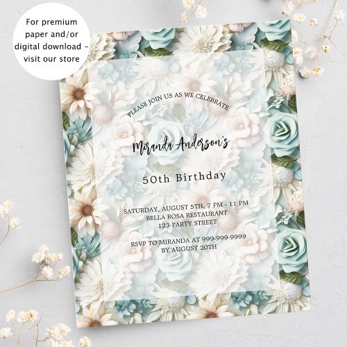 Birthday green white floral budget invitation