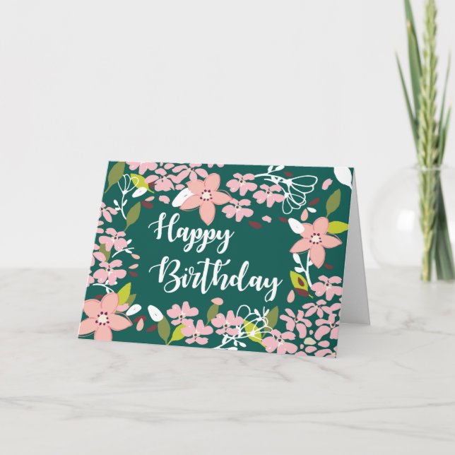 Birthday Green with Pink Flowers Card (Front)