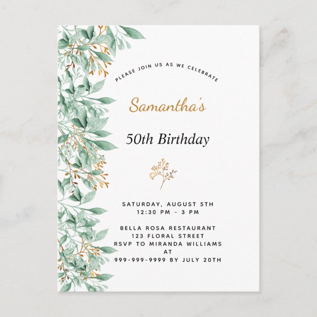 Birthday greenery botanical elegant postcard (Front)