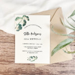 Birthday greenery ginkgo white script elegant invitation<br><div class="desc">Front: a stylish white background decorated with simple golden ginkgo leaves. Personalize and add your name and party details. 
Back: emerald green backround.</div>