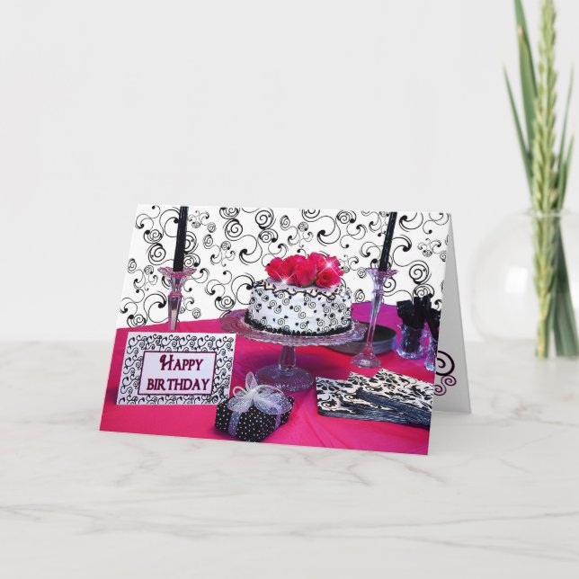 Birthday Greeting - Cake w/Fuchsia Flowers/Black Card (Front)