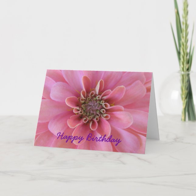 Birthday greeting card, pink zinnia card (Front)