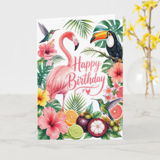 Birthday Greeting Card, Tropical Flamingo Toucan Card