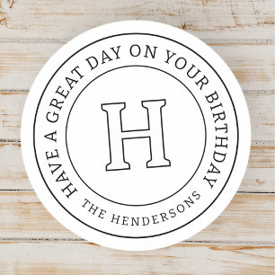 Birthday Greeting Chic Modern Family Monogram Classic Round Sticker