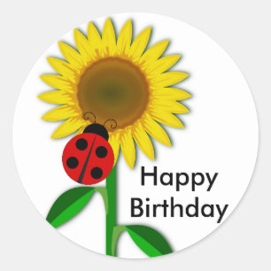 Birthday Greeting Round Sunflower Sticker, Glossy Classic Round Sticker