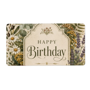 Birthday Greeting with Wildflowers ,Olive Branches Label