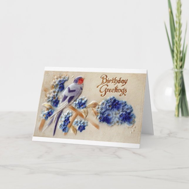 Birthday Greetings Vintage Fabric Bird Postcard (Front)