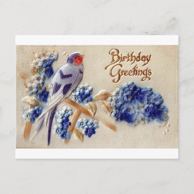 Birthday Greetings Vintage Fabric Bird Postcard (Front)