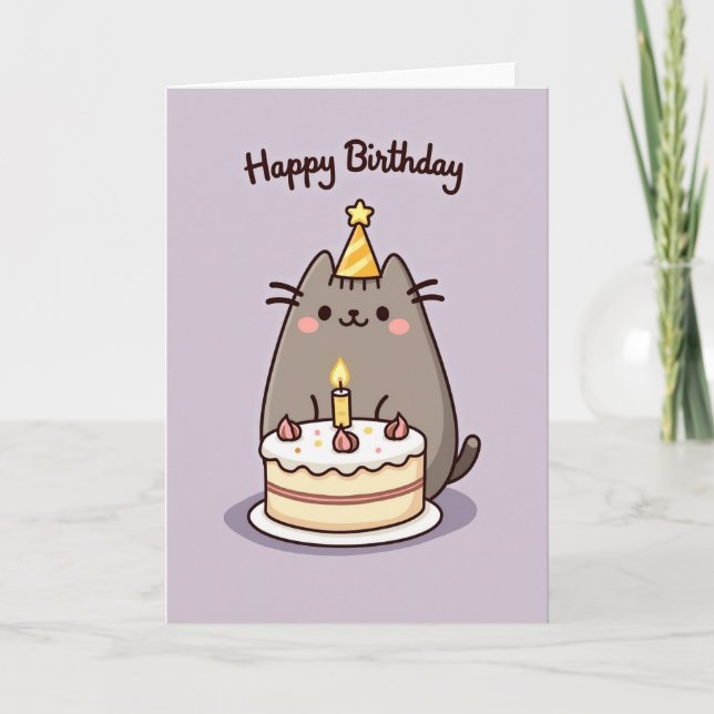 Birthday Grey Cat Cake Card (Front)