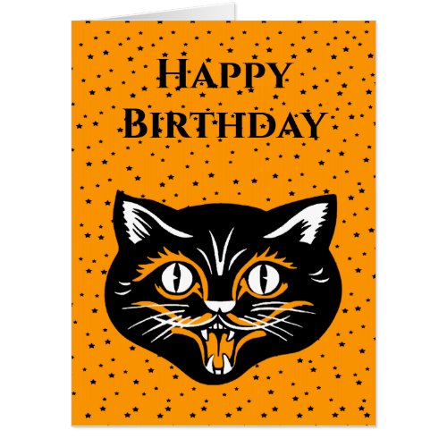 Birthday Halloween Black Cat Vintage Face Stars Card