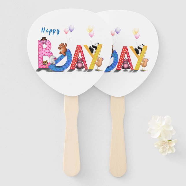 Birthday Hand Fan with Happy Bear Party (Front and Back)