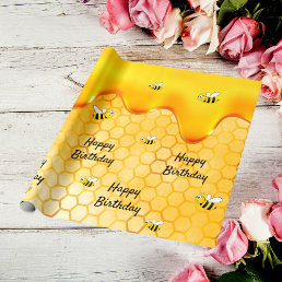 Birthday happy bumble bees honeycomb dripping wrapping paper