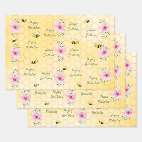 Birthday happy bumble bees honeycomb florals wrapping paper sheets