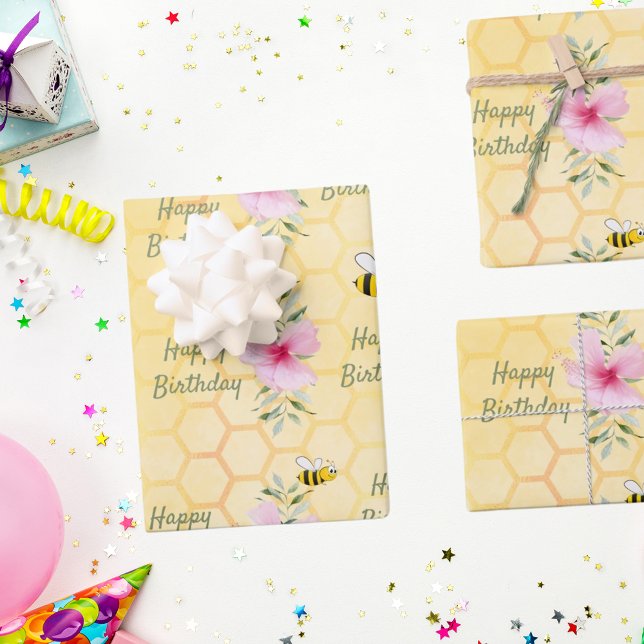 Birthday happy bumble bees honeycomb florals wrapping paper sheets (Creator Uploaded)
