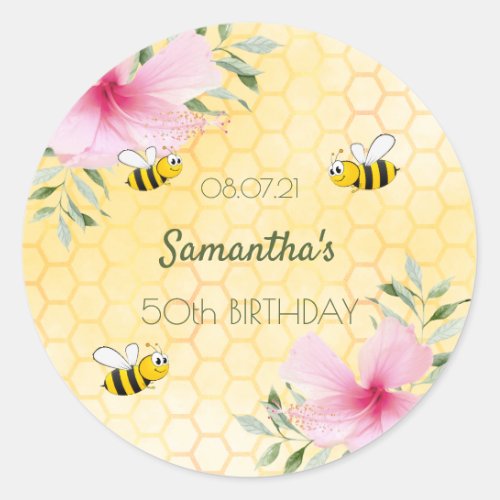 Birthday happy bumble bees honeycomb name classic round sticker