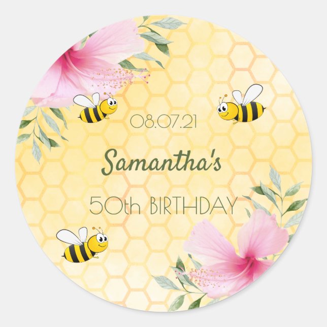 Birthday happy bumble bees honeycomb name classic round sticker (Front)