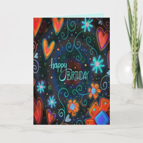 Birthday Happy Red Heats Modern Abstract Card