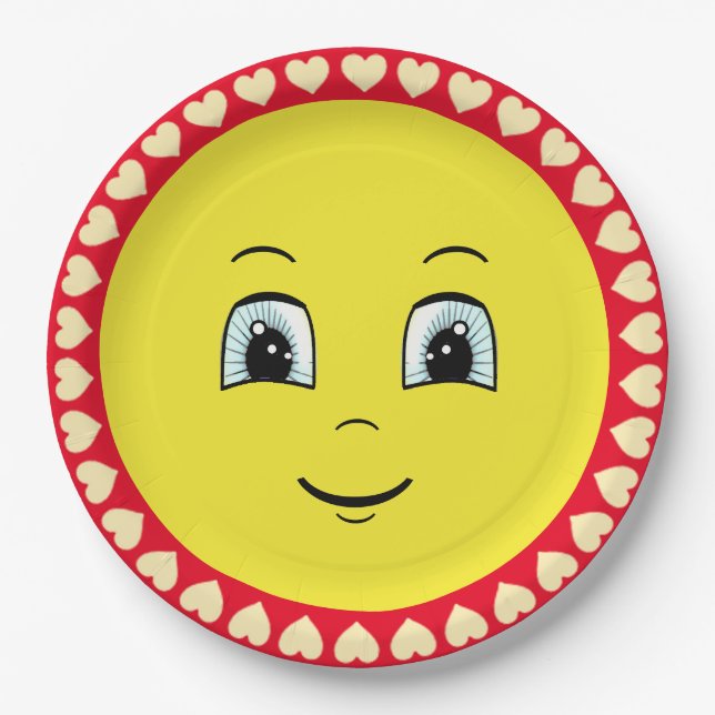 Birthday Happy Sun Face & Hearts  Paper Plates (Front)