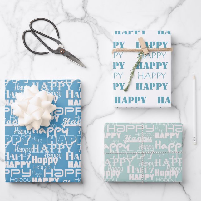 Birthday Happy White Aqua Wrapping Paper Sheets (Front)