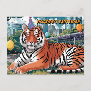 birthday hat wearing bengal tiger laying down postcard