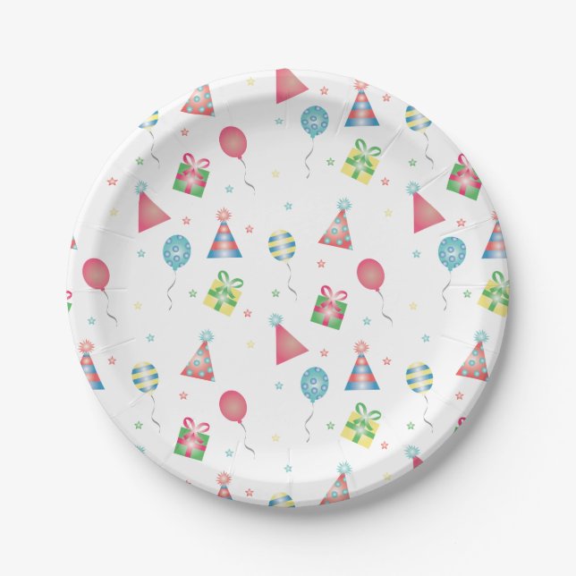 Birthday Hats Balloons Presents Pattern Colorful Paper Plates (Front)