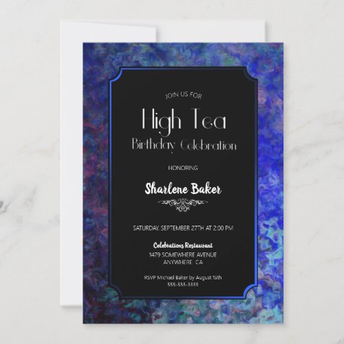 Birthday High Tea Black with Blue Border Invitation